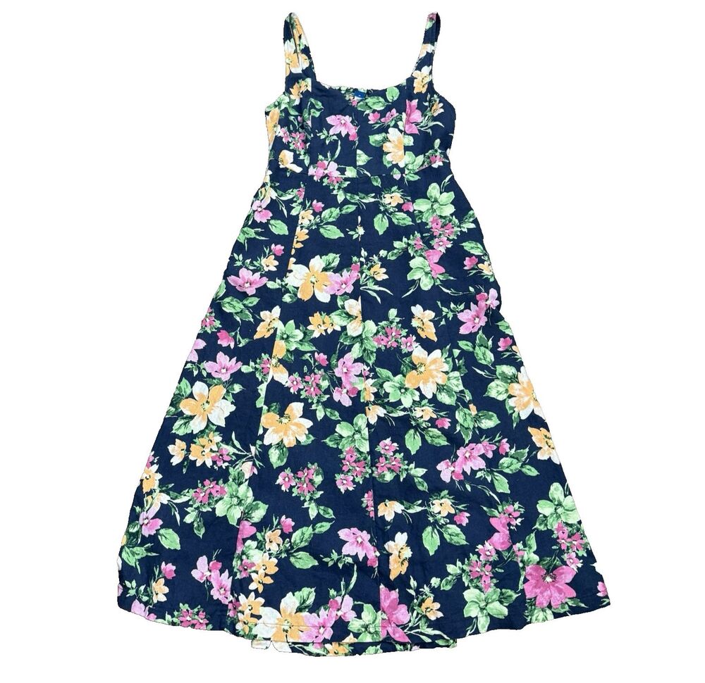 Old Navy Hawaiian Linen Blend Dress Women's M Floral Maxi Pockets Blue Pink